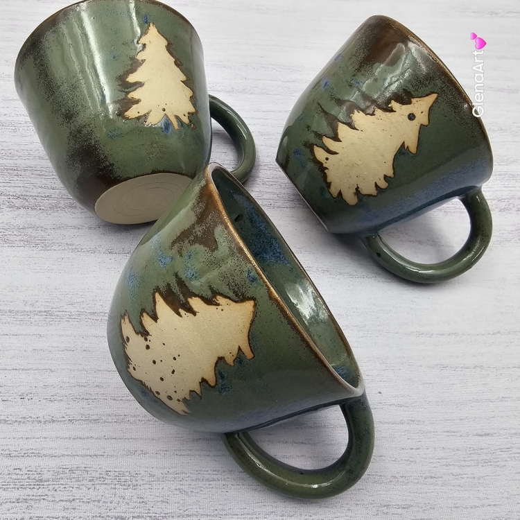 Kubek ceramiczny choinka / filiżanka choinka z choinką i uchem zielono-niebiesko-brązowy Bożonarodzeniowy świąteczny kubek ręcznie toczony świąteczna filiżanka z choinką