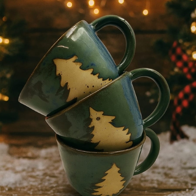 Filiżanka ceramiczny choinka / filiżanka / kubek choinka z choinką i uchem zielono-niebiesko-brązowy Bożonarodzeniowy świąteczny kubek ręcznie toczony świąteczna filiżanka z choinką
