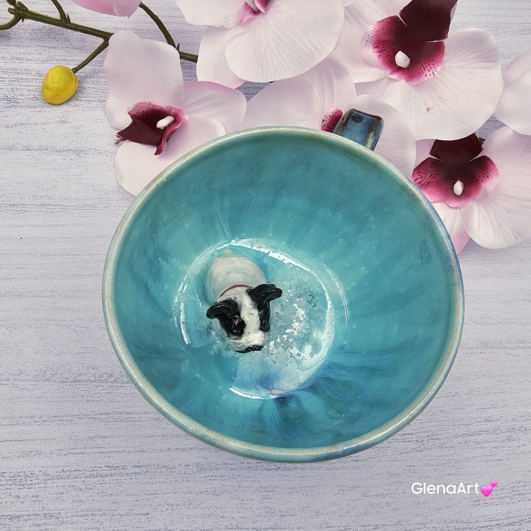 Filiżanka błękitna BULDOG z BULDOŻKIEM biało-czarnym i czerwoną obróżką Francuskim PIESKIEM ceramiczna ze spodkiem i zwierzakiem w środku ręcznie toczona i malowana elegancka filiżanka z pięknym szkliwem BULDOŻEK FRANCUSKI kubek z buldożkiem buldożek