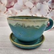 Filiżanka ze spodkiem pieskiem BULDOŻKIEM FRANCUSKIM ceramiczna ze spodkiem i karmelowym pieskiem ręcznie toczona i malowana elegancka filiżanka z pięknym szkliwem BULDOŻEK FRANCUSKI kubek z pieskiem buldożkiem biszkoptowym