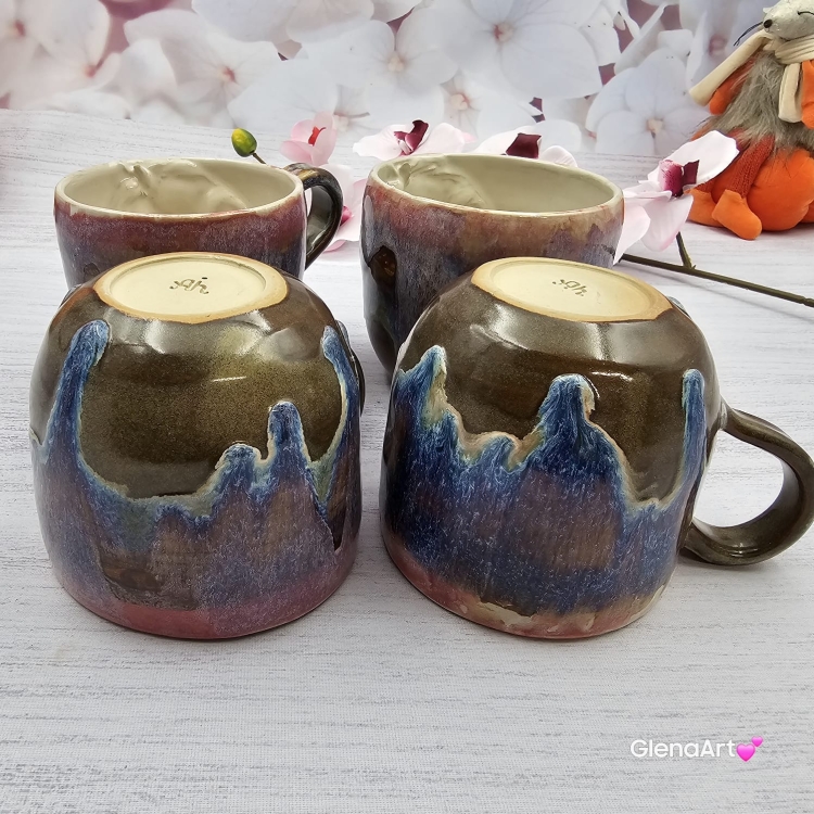 Kubek KOŃ ceramiczny z koniem w środku RÓŻ - NIEBIESKI ręcznie toczony i malowany fioletowo różowy kubek z koniem wewnątrz