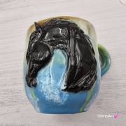 Duży kubek KOŃ ceramiczny z karym KONIEM na zewnątrz ręcznie toczony i malowany kubek czarny koń niebieski kubek z koniem