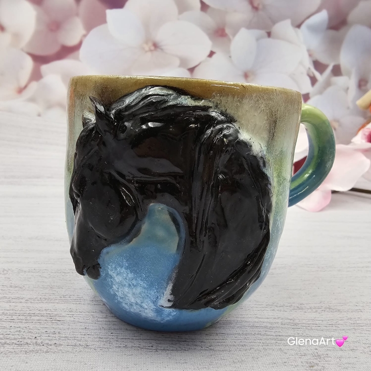 Duży kubek KOŃ ceramiczny z karym KONIEM na zewnątrz ręcznie toczony i malowany kubek czarny koń niebieski kubek z koniem