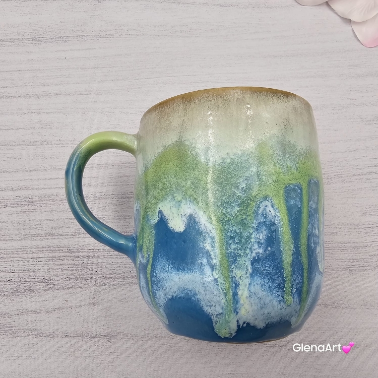 Duży kubek KOŃ ceramiczny z płaskorzeźbą gniadego KONIA na zewnątrz ręcznie toczony i malowany kubek brązowy koń niebieski kubek z koniem