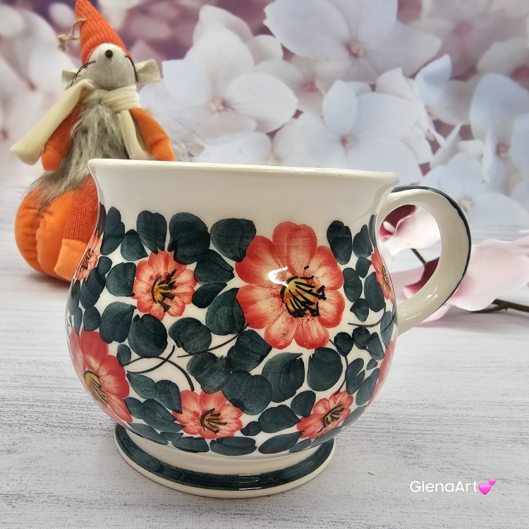 Kubek ceramiczny beczółka kwiatki Nikola Fajans Włocławek 250 ml metoda stempelka kubek z motywem kwiatowym czerwono-zielonym kubek w kwiatki