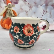 Kubek ceramiczny beczółka kwiatki Nikola Fajans Włocławek 250 ml metoda stempelka kubek z motywem kwiatowym czerwono-zielonym kubek w kwiatki