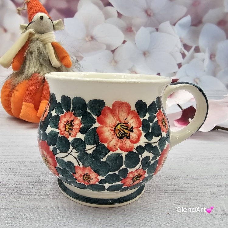 Kubek ceramiczny beczółka kwiatki Nikola Fajans Włocławek 250 ml metoda stempelka kubek z motywem kwiatowym czerwono-zielonym kubek w kwiatki