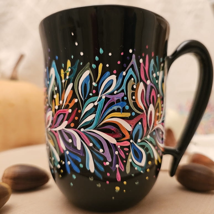 Kubek ceramiczny z uchem Czarny Multikolor ON - 300ml - przepiękny ręcznie malowany