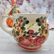 Kubek ceramiczny beczółka kwiatki i ptaszek Nikola Fajans Włocławek 250 ml metoda stempelka kubek z motywem kwiatowym czerwonym zielonym i żółtym kubek w kwiatki i ptaszek