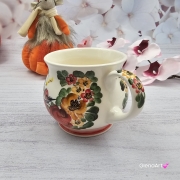 Kubek ceramiczny beczółka kwiatki i ptaszek Nikola Fajans Włocławek 250 ml metoda stempelka kubek z motywem kwiatowym czerwonym zielonym i żółtym kubek w kwiatki i ptaszek
