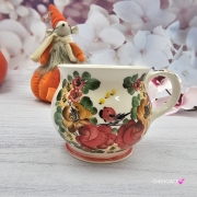 Kubek ceramiczny beczółka kwiatki i ptaszek Nikola Fajans Włocławek 250 ml metoda stempelka kubek z motywem kwiatowym czerwonym zielonym i żółtym kubek w kwiatki i ptaszek