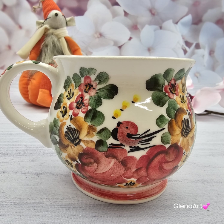 Kubek ceramiczny beczółka kwiatki i ptaszek Nikola Fajans Włocławek 250 ml metoda stempelka kubek z motywem kwiatowym czerwonym zielonym i żółtym kubek w kwiatki i ptaszek