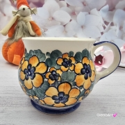 Kubek ceramiczny beczółka żółte i zielone kwiatki Nikola Fajans Włocławek 250 ml metoda stempelka kubek z motywem kwiatowym żółto - zielone kubek w kwiatki i ptaszek