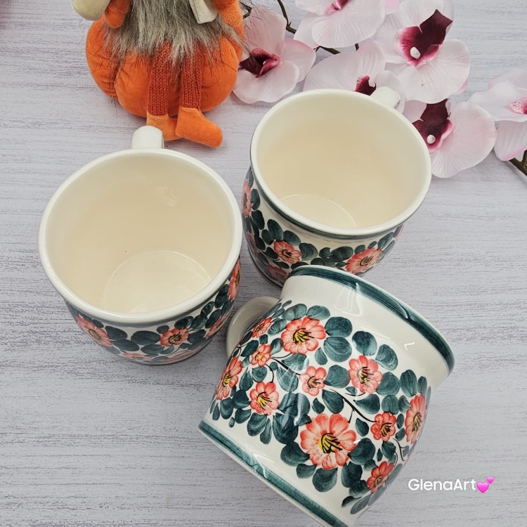 Kubek MAX ceramiczny AGATA wzór kwiatowy Fajans Włocławek 450 ml metoda stempelka kubek z motywem kwiatowym kubek w kwiatki kolorowy duży kubek max na wieczorną zimową herbatę wielki kubek ceramiczny