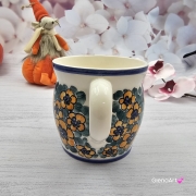 Kubek MAX ceramiczny AGATA wzór kwiatowy żółte kwiaty Fajans Włocławek 450 ml metoda stempelka kubek z motywem kwiatowym kubek w kwiatki kolorowy duży kubek max na wieczorną zimową herbatę wielki kubek ceramiczny
