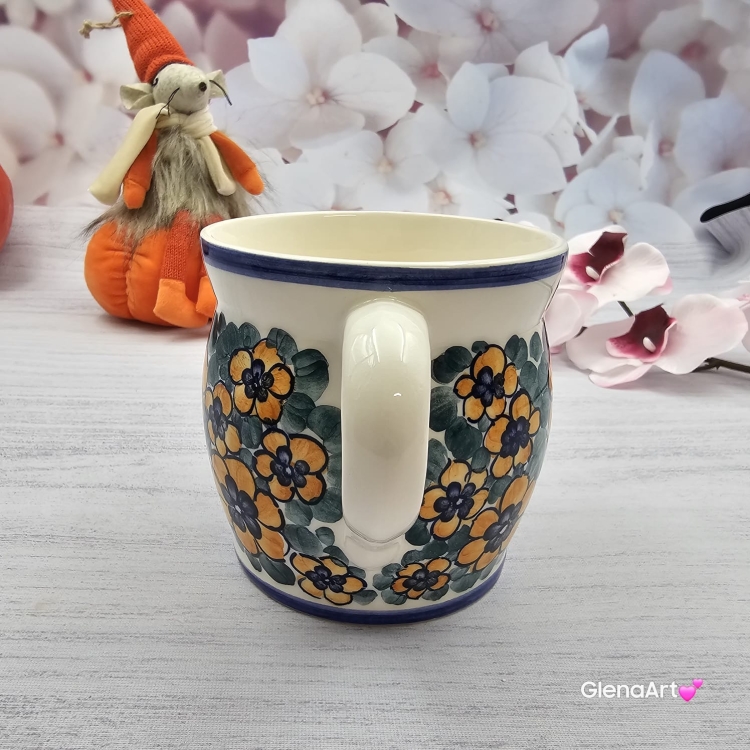 Kubek MAX ceramiczny AGATA wzór kwiatowy żółte kwiaty Fajans Włocławek 450 ml metoda stempelka kubek z motywem kwiatowym kubek w kwiatki kolorowy duży kubek max na wieczorną zimową herbatę wielki kubek ceramiczny