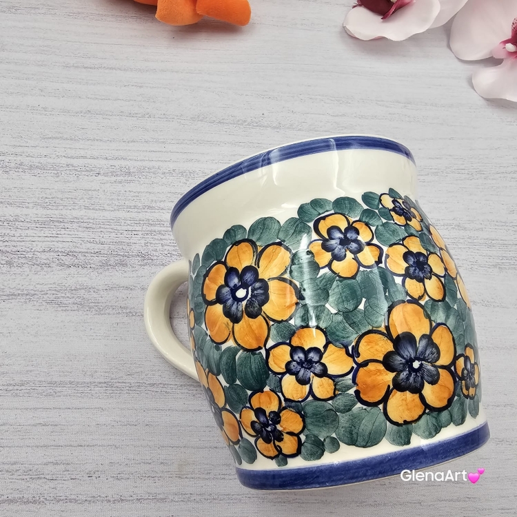 Kubek MAX ceramiczny AGATA wzór kwiatowy żółte kwiaty Fajans Włocławek 450 ml metoda stempelka kubek z motywem kwiatowym kubek w kwiatki kolorowy duży kubek max na wieczorną zimową herbatę wielki kubek ceramiczny
