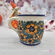 Kubek MAX ceramiczny AGATA wzór kwiatowy żółte kwiaty Fajans Włocławek 450 ml metoda stempelka kubek z motywem kwiatowym kubek w kwiatki kolorowy duży kubek max na wieczorną zimową herbatę wielki kubek ceramiczny