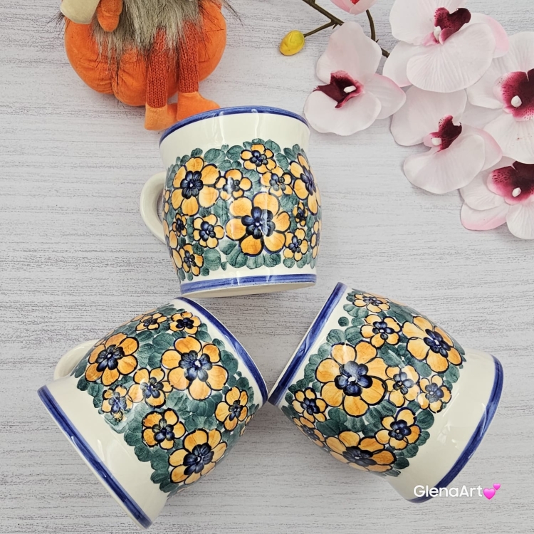 Kubek MAX ceramiczny AGATA wzór kwiatowy żółte kwiaty Fajans Włocławek 450 ml metoda stempelka kubek z motywem kwiatowym kubek w kwiatki kolorowy duży kubek max na wieczorną zimową herbatę wielki kubek ceramiczny
