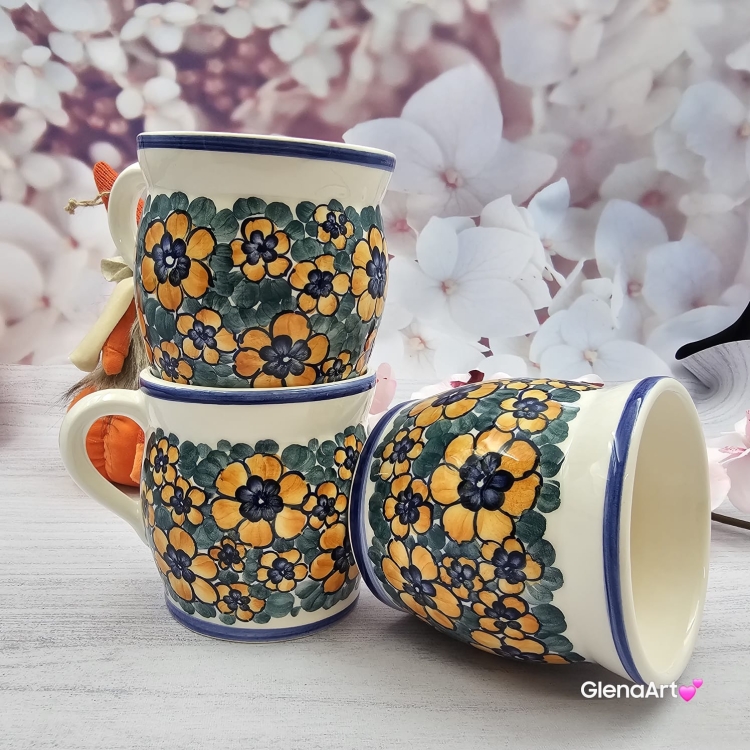 Kubek MAX ceramiczny AGATA wzór kwiatowy żółte kwiaty Fajans Włocławek 450 ml metoda stempelka kubek z motywem kwiatowym kubek w kwiatki kolorowy duży kubek max na wieczorną zimową herbatę wielki kubek ceramiczny