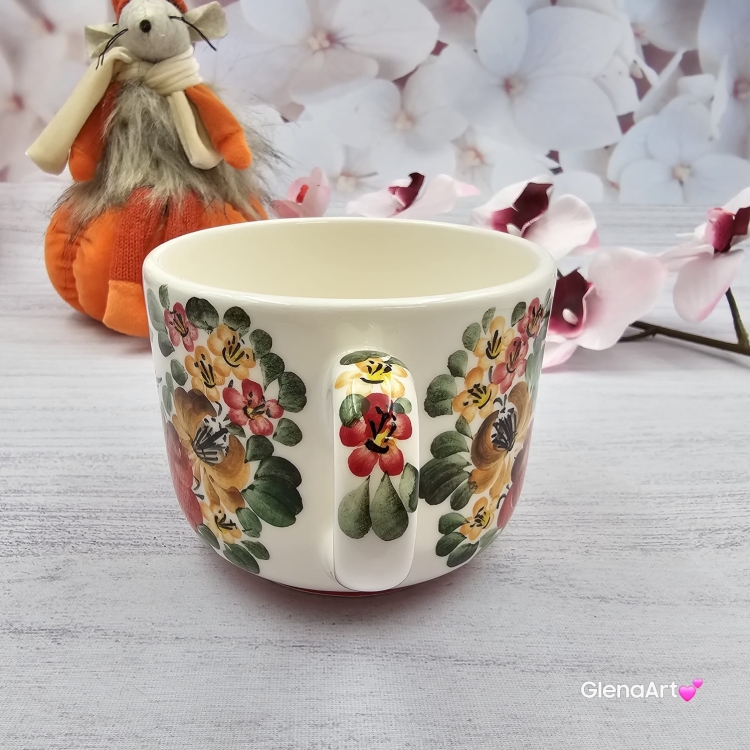Kubek ceramiczny kolorowy z czerwonym ptaszkiem Jumbo Junior Fajans Włocławek 350 ml metoda stempelka kubek z motywem kwiatowym kolorowy kubek z ptaszkiem kubek w kwiaty z ptaszkiem