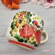 Kubek ceramiczny kolorowy z czerwonym ptaszkiem Jumbo Junior Fajans Włocławek 350 ml metoda stempelka kubek z motywem kwiatowym kolorowy kubek z ptaszkiem kubek w kwiaty z ptaszkiem