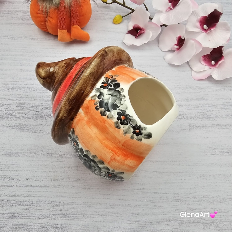 Dynia ceramiczna kolorowy lampion dynia na świecę Fajans Włocławek figurka dynia pomarańczowa czarne kwiaty brąz