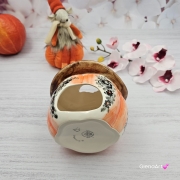 Dynia ceramiczna kolorowy lampion dynia na świecę Fajans Włocławek figurka dynia pomarańczowa czarne kwiaty brąz