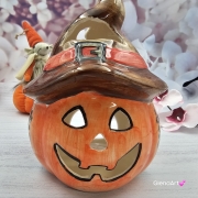 Dynia ceramiczna kolorowy lampion dynia na świecę Fajans Włocławek figurka dynia pomarańczowa czarne kwiaty brąz