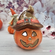 Dynia ceramiczna kolorowy lampion dynia na świecę Fajans Włocławek figurka dynia pomarańczowa czarne kwiaty brąz