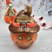 Dynia ceramiczna kolorowy lampion dynia na świecę Fajans Włocławek figurka dynia pomarańczowa czarne kwiaty brąz