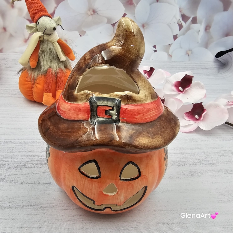 Dynia ceramiczna kolorowy lampion dynia na świecę Fajans Włocławek figurka dynia pomarańczowa czarne kwiaty brąz