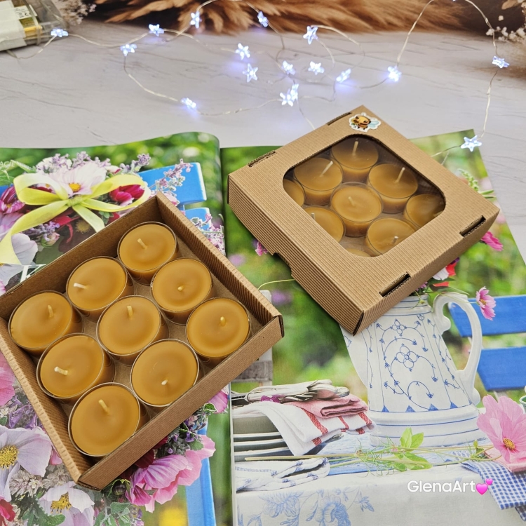 Tealight wosk pszczeli pogrzewacz z wosku pszczelego naturalna świeca z 100 % wosku pszczelego 3,5 h palenia tealight wosk pszczeli naturalny bez chemii pachnące miodkiem naturalne świeczki 9 szt. opakowanie karbowane pudełko