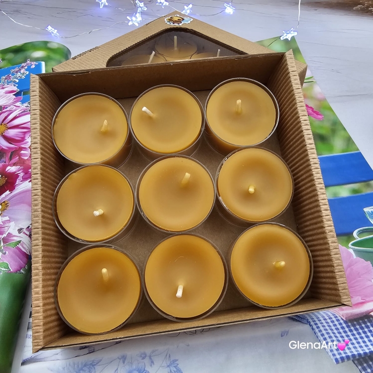 Tealight wosk pszczeli pogrzewacz z wosku pszczelego naturalna świeca z 100 % wosku pszczelego 3,5 h palenia tealight wosk pszczeli naturalny bez chemii pachnące miodkiem naturalne świeczki 9 szt. opakowanie karbowane pudełko