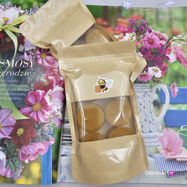 Tealighty wosk pszczeli pogrzewacz tealight z wosku pszczelego naturalna świeca z 100 % wosku pszczelego 3,5 h palenia tealight wosk pszczeli naturalny bez chemii pachnące miodkiem naturalne świeczki 6 szt. opakowanie koperta z okienkiem