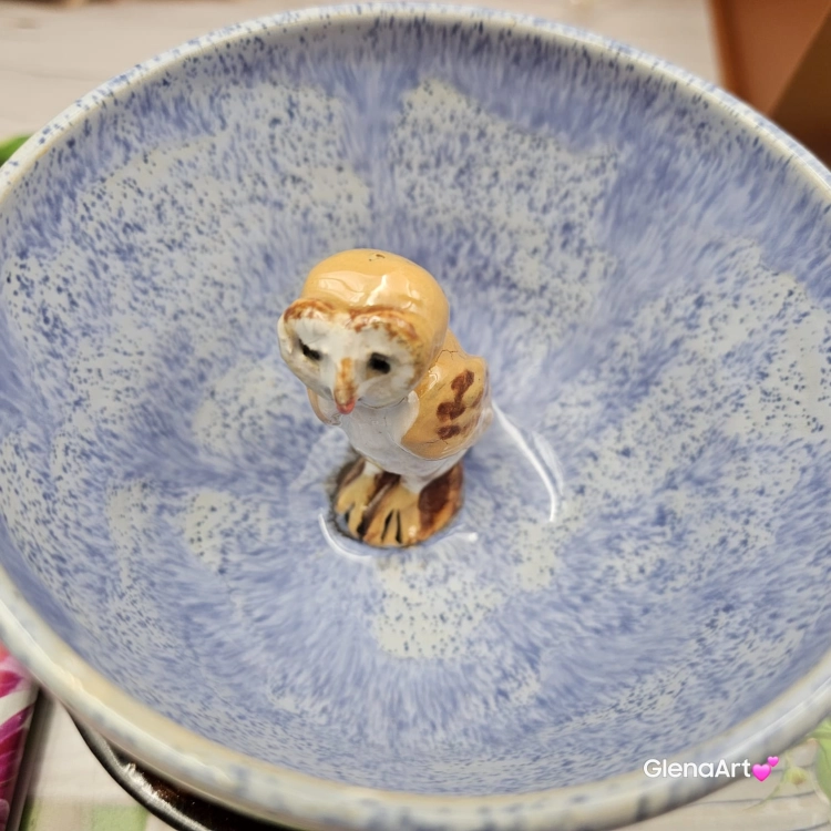 Filiżanka SOWA ceramiczna ze spodkiem i sową w środku ręcznie toczona i malowana z sową i ze spodkiem prezent dla miłośnika natury w kolorze niebieskiego przenikającym się sówka dla nauczyciela