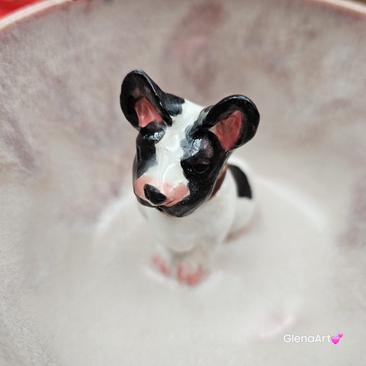 Filiżanka z BULDOGIEM pieskiem BULDOŻKIEM Francuskim ceramiczna ze spodkiem i zwierzakiem w środku ręcznie toczona i malowana elegancka filiżanka z pięknym szkliwem BULDOŻEK FRANCUSKI biało - czarny kubek różowy z buldożkiem pies w filiżance