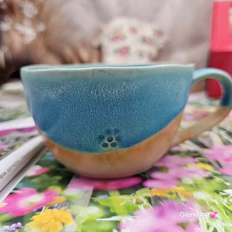 Filiżanka ceramiczna Glena Art turkusowa z uszkiem do kawy herbaty ulubiony kubek ceramiczny ceramika 250 ml z kwiatkiem satynowy turkus