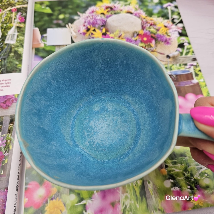 Filiżanka ceramiczna Glena Art turkusowa z uszkiem do kawy herbaty ulubiony kubek ceramiczny ceramika 250 ml z kwiatkiem satynowy turkus