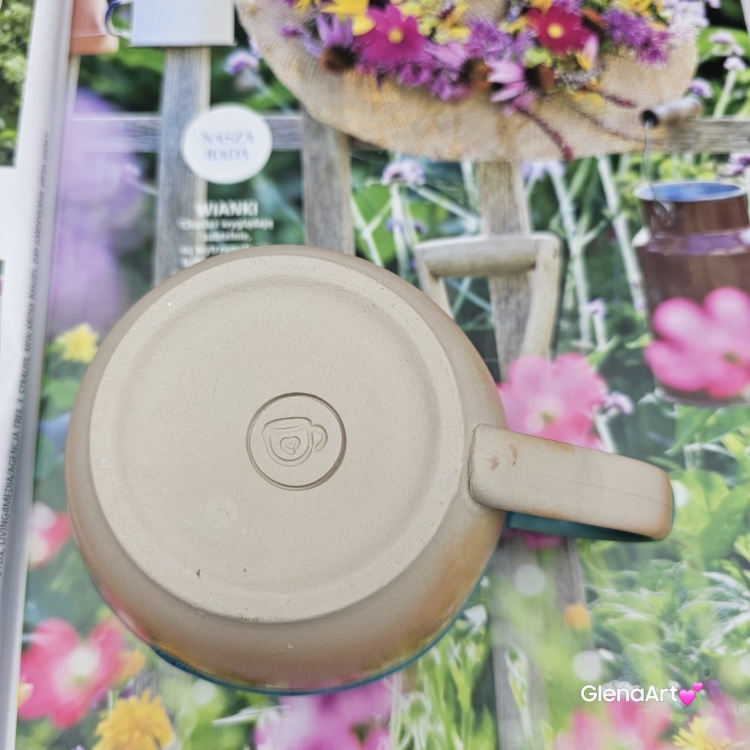Filiżanka ceramiczna Glena Art turkusowa z uszkiem do kawy herbaty ulubiony kubek ceramiczny ceramika 250 ml z kwiatkiem satynowy turkus