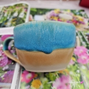 Filiżanka ceramiczna Glena Art turkusowa z uszkiem do kawy herbaty ulubiony kubek ceramiczny ceramika 250 ml z kwiatkiem satynowy turkus