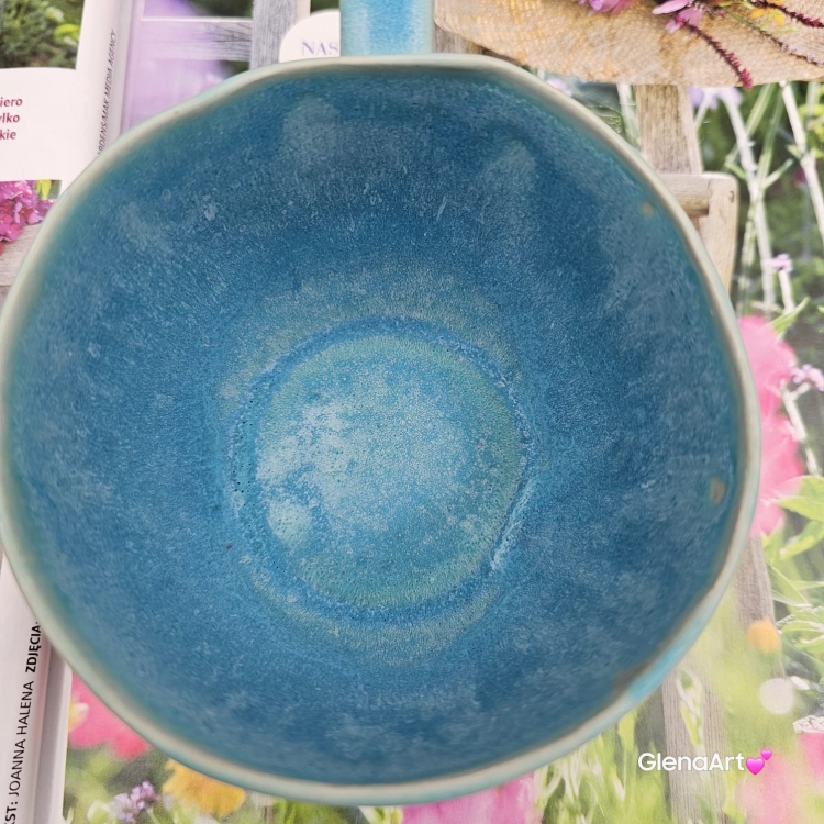 Filiżanka ceramiczna Glena Art turkusowa z uszkiem do kawy herbaty ulubiony kubek ceramiczny ceramika 250 ml z kwiatkiem satynowy turkus
