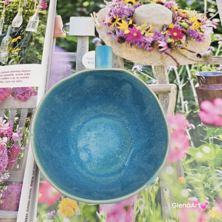 Filiżanka ceramiczna Glena Art turkusowa z uszkiem do kawy herbaty ulubiony kubek ceramiczny ceramika 250 ml z kwiatkiem satynowy turkus