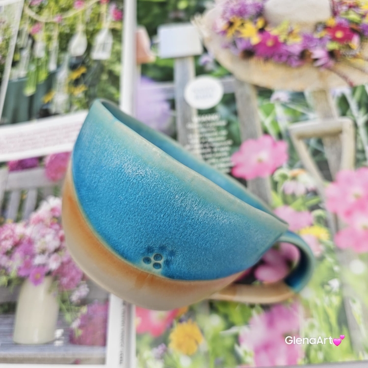 Filiżanka ceramiczna Glena Art turkusowa z uszkiem do kawy herbaty ulubiony kubek ceramiczny ceramika 250 ml z kwiatkiem satynowy turkus