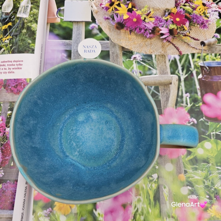 Filiżanka ceramiczna Glena Art turkusowa z uszkiem do kawy herbaty ulubiony kubek ceramiczny ceramika 250 ml z kwiatkiem satynowy turkus