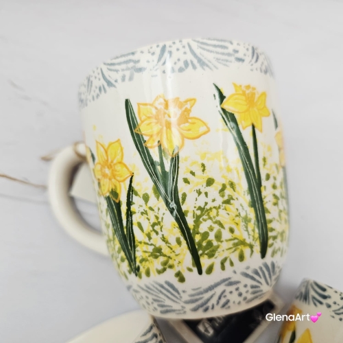 Kubek ceramiczny Bell Narcyz kaszubska ceramika ręcznie zdobiony Arbata kubek narcyzy