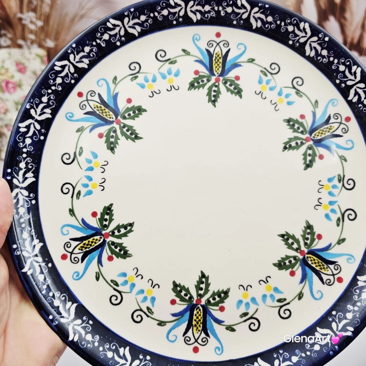 Talerz ceramiczny obiadowy 23 cm folkowy kaszubski obiadowy KASZUBEK kaszubska ceramika ręcznie zdobiona Arbata talerz obiadowy piękny