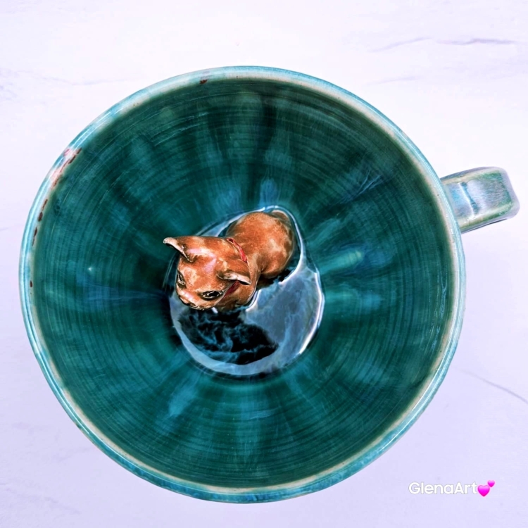 Filiżanka ceramiczna ze spodkiem i Buldożek francuski brązowy z czerwoną obróżką filiżanka ceramiczna ze spodkiem i zwierzakiem w środku ręcznie toczona i malowana elegancka filiżanka z pięknym szkliwem BULDOŻEK FRANCUSKI turkusowe jeziorko