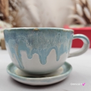 Filiżanka SOWA ceramiczna sówka ze spodkiem i uroczą SOWĄ w środku ręcznie toczona i malowana elegancka filiżanka odcienie bieli i błękitu kubek z sową kubek leśny