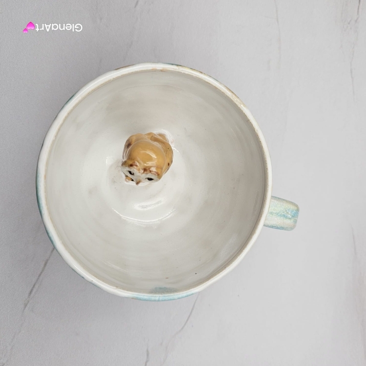 Filiżanka SOWA ceramiczna sówka ze spodkiem i uroczą SOWĄ w środku ręcznie toczona i malowana elegancka filiżanka odcienie bieli i błękitu kubek z sową kubek leśny
